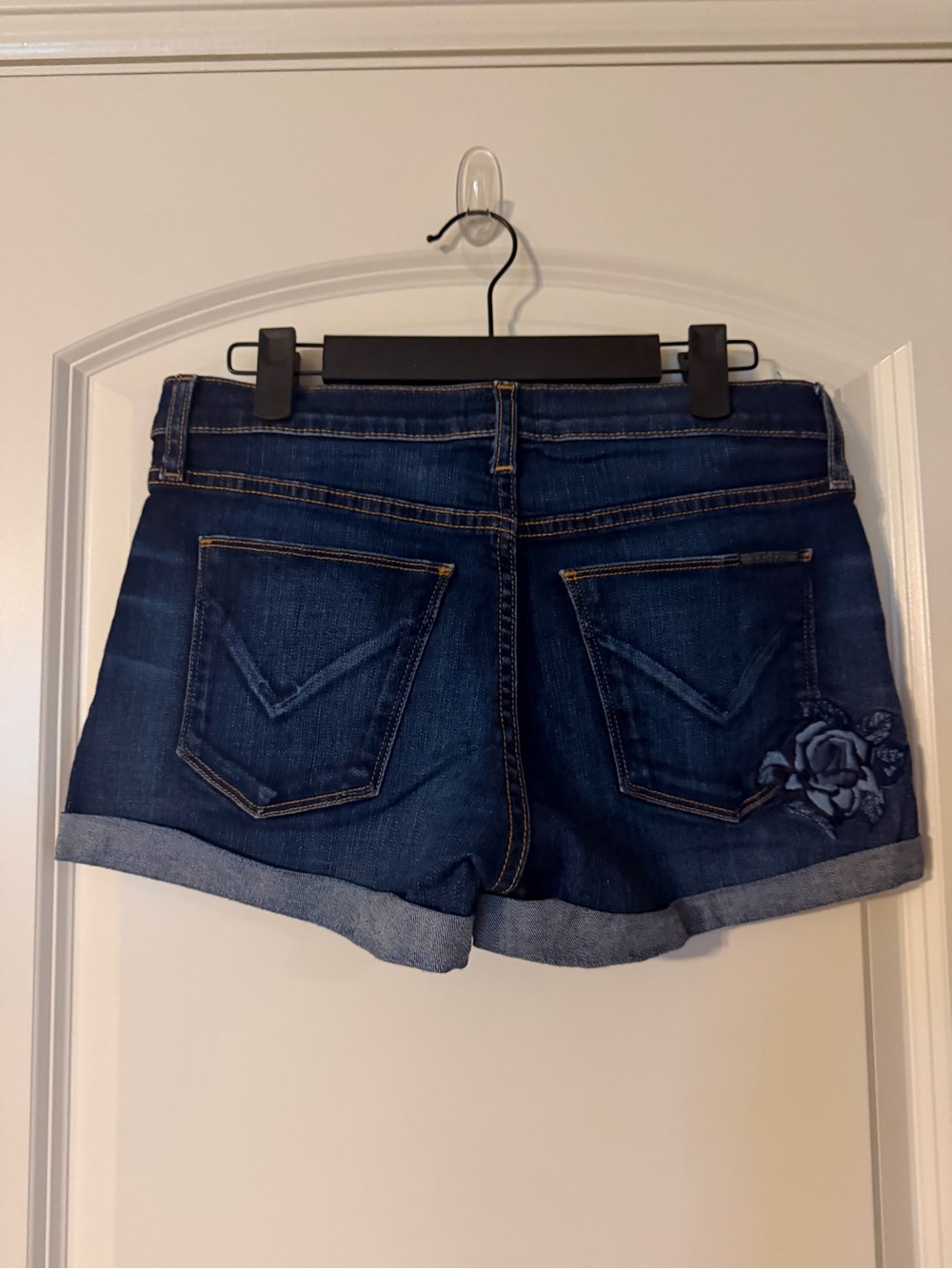 Hudson Jeans Dark Blue Denim Asha Midrise Shorts with Embroidered Floral Accent